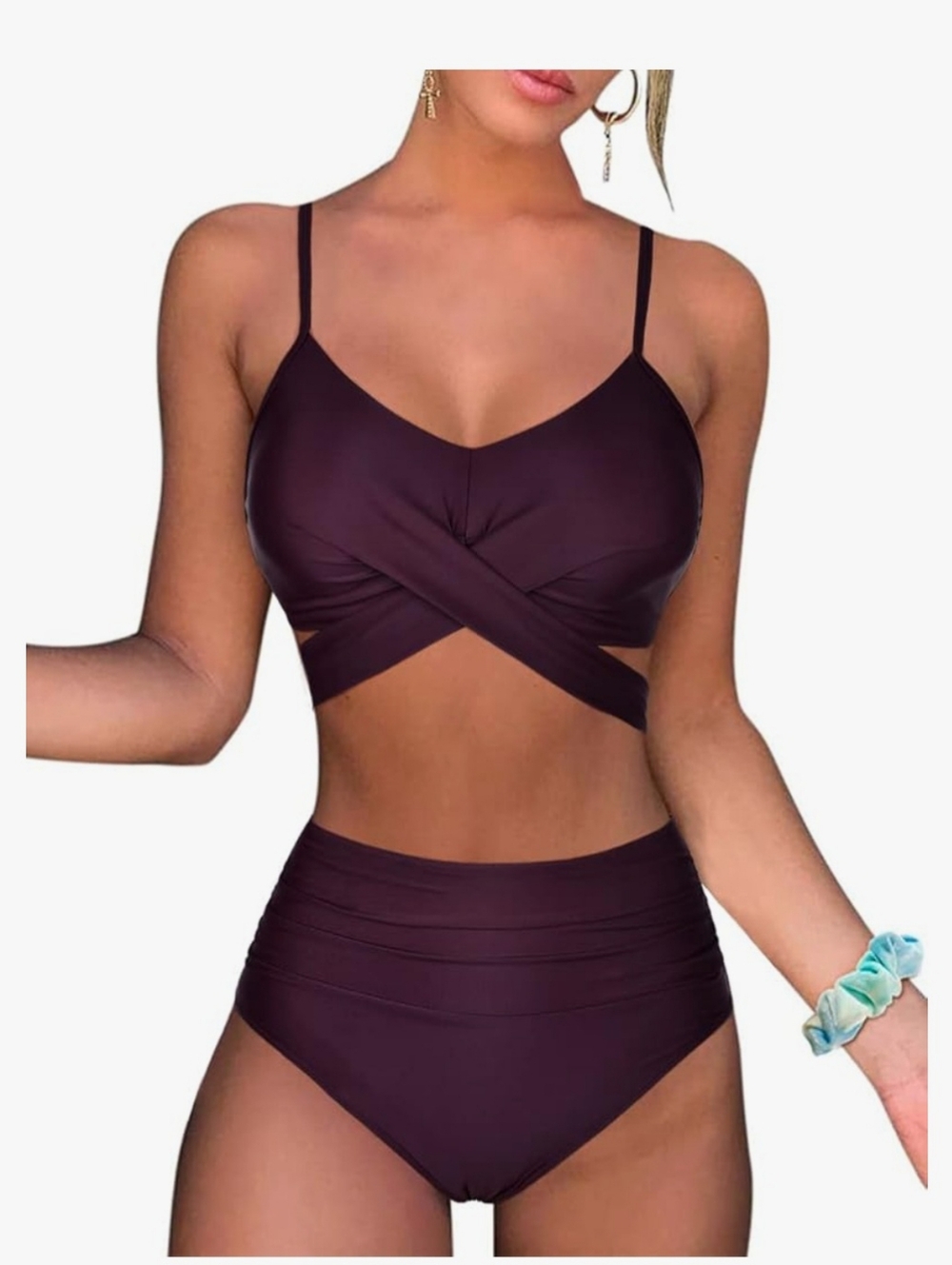High-Waist Crisscross Bikini Set - Deep Plum